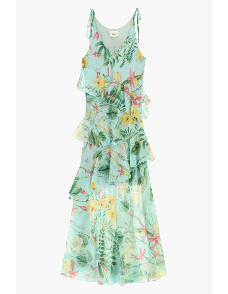 Vestido Longo Com Estampa Floral E Folhos Assimétricos Dixie