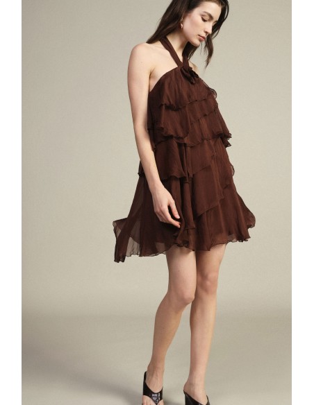 Vestido Curto com Folhos e Decote Halter Dixie