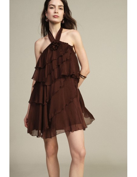 Vestido Curto com Folhos e Decote Halter Dixie