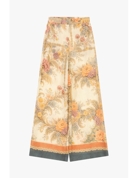 Calças Palazzo com Estampa Floral e Barra Contrastante Dixie