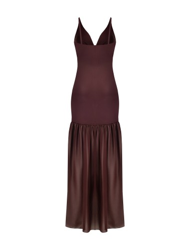 Vestido longo tubinho em malha com barra com babado em georgette Rinascimento