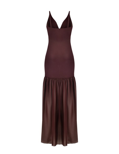 Vestido longo tubinho em malha com barra com babado em georgette Rinascimento