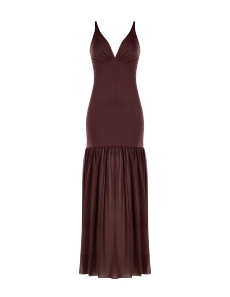 Vestido longo tubinho em malha com bainha com folho em georgette Rinascimento
