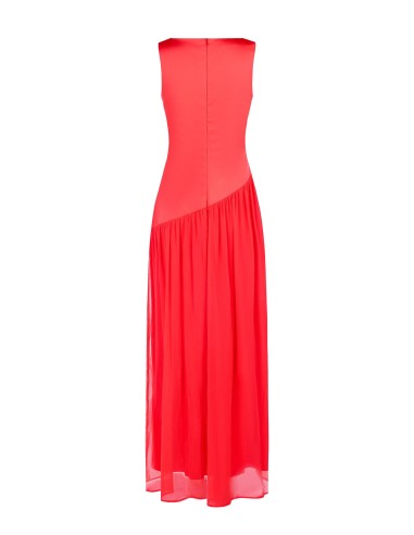 Vestido longo em cetim com saia com folho e drapeado em georgette increspada Rinascimento