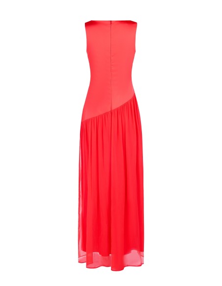 Vestido longo em cetim com saia com folho e drapeado em georgette increspada Rinascimento