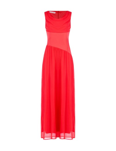 Vestido Longo em Cetim com Saia com Folhos e Drapeado em Georgette Increspada Rinascimento