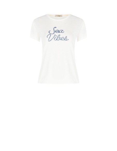 T-shirt regular em algodão com estampa navy e strass Rinascimento