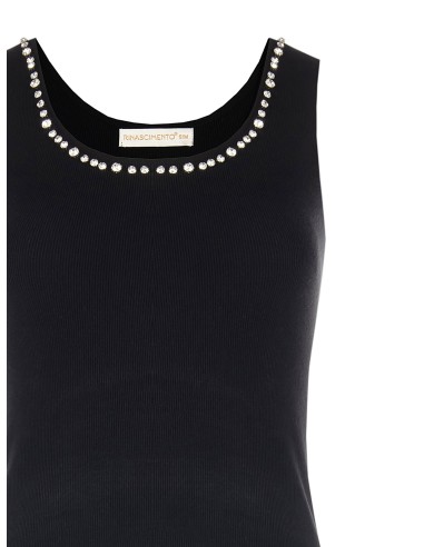 Top em mistura de viscose com canelado fino e cristais cabochão no decote Rinascimento