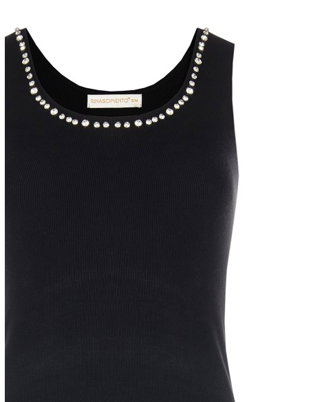 Top em mistura de viscose com canelado fino e cristais cabochão no decote Rinascimento