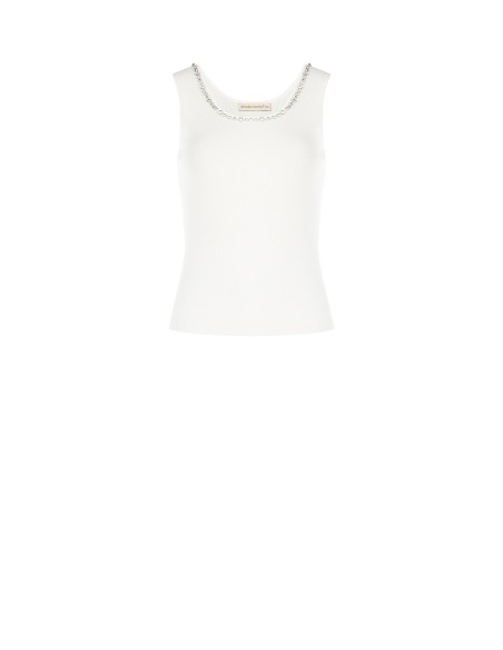 Top em mistura de viscose com canelado fino e cristais cabochon no decote Rinascimento