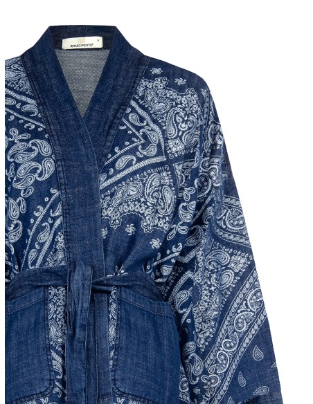 Casaco Oversize Kimono em Ganga Estampada com Cinto Coordenado Rinascimento