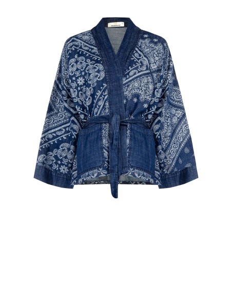 Casaco oversize estilo kimono em denim estampado com cinto coordenado Rinascimento