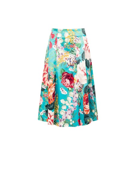 Saia longa rodada em raso duchesse floral com bolsos Rinascimento