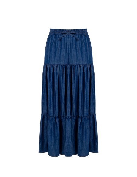 Saia Longa com Folhos em Denim Leve Rinascimento Curvy