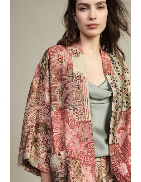 Casaco duster estampado patchwork com manga larga Dixie