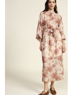 Vestido Longo Estampa Floral Mangas Amplas Cinto Dixie