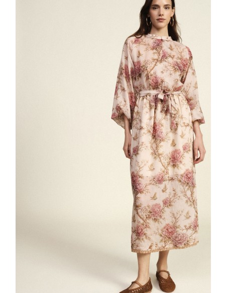 Vestido Longo Estampa Floral Mangas Amplas Cinto Dixie