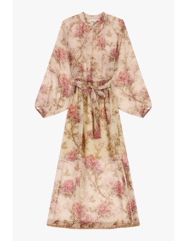 Vestido Longo Estampa Floral Mangas Amplas Cinto Dixie