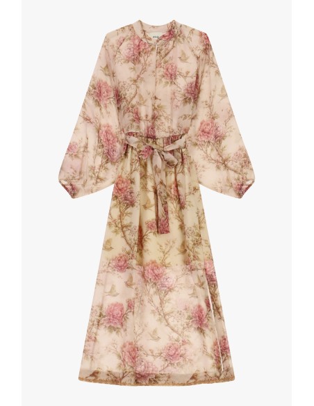 Vestido Longo Estampa Floral Mangas Amplas Cinto Dixie