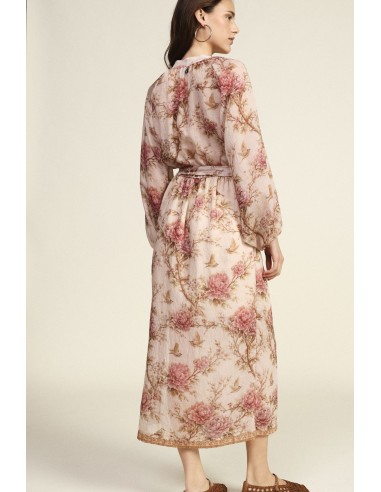 Vestido Comprido Estampa Floral Mangas Amplas Cinto Dixie