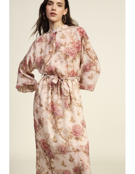 Vestido Longo Estampa Floral Mangas Amplas Cinto Dixie