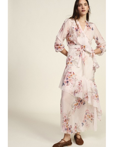 Vestido Longo Com Estampa Floral E Folhos Assimétricos Dixie