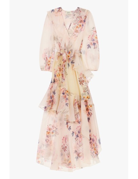 Vestido longo com estampa floral e folhos assimétricos Dixie