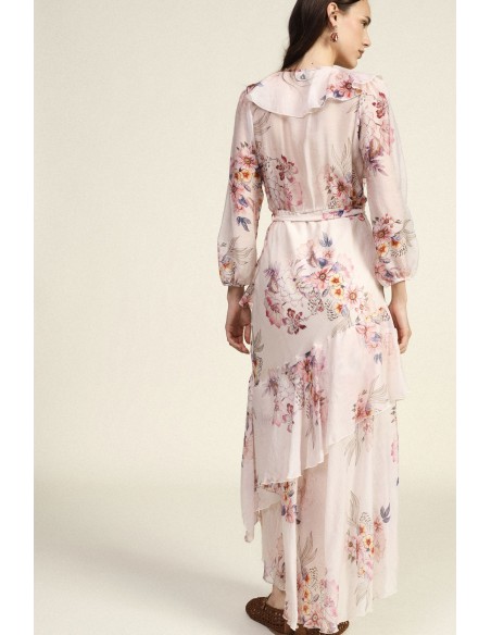 Vestido Longo Con Estampa Floral E Folhos Assimétricos Dixie