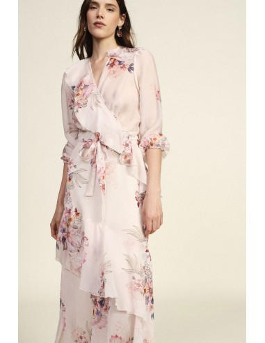 Vestido longo com estampa floral e folhos assimétricos Dixie