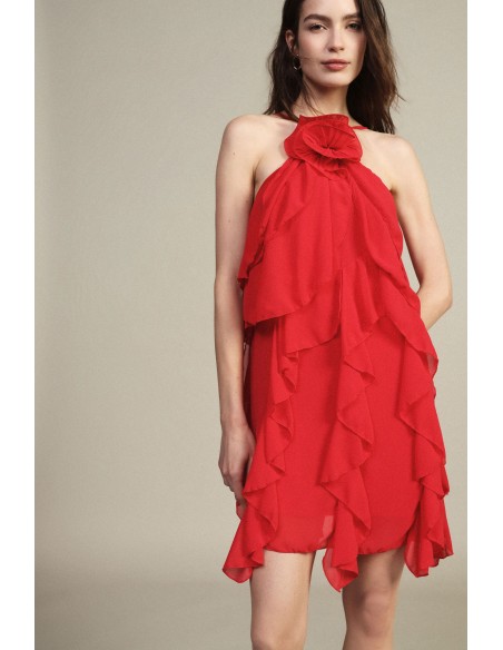 Vestido Curto com Folhos e Alças Finas Dixie