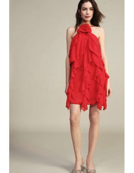 Vestido Curto com Folhos e Alças Finas Dixie
