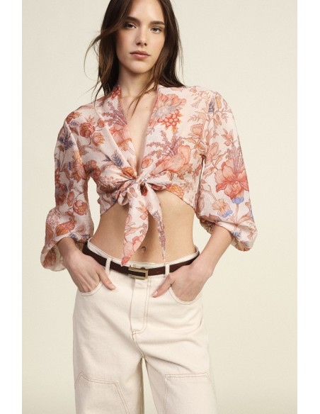 Blusa curta com nó e estampa floral Dixie