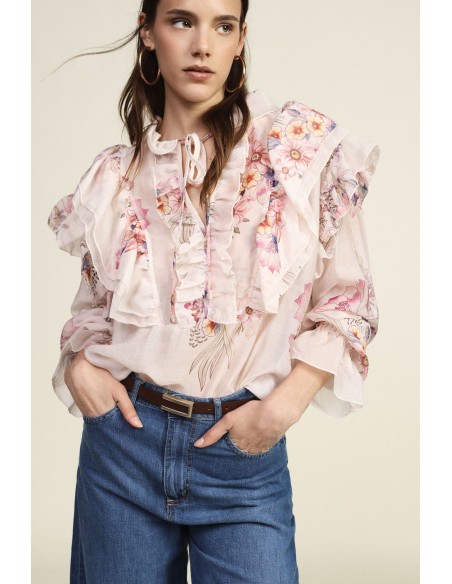 Blusa Ampla com Estampado Floral e Folhos Dixie