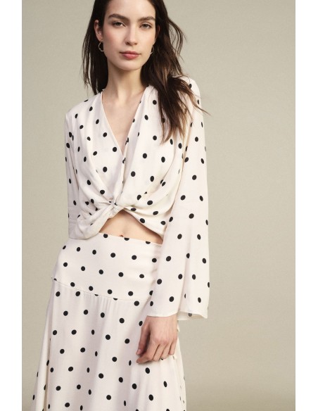 Top Cropped Estampado de Pois com Nó Frontal Dixie