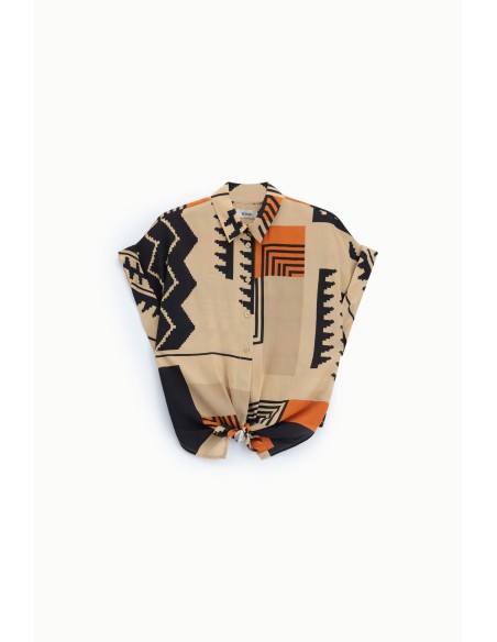 Blusa com padrão geométrico, mangas amplas e nó frontal Dixie
