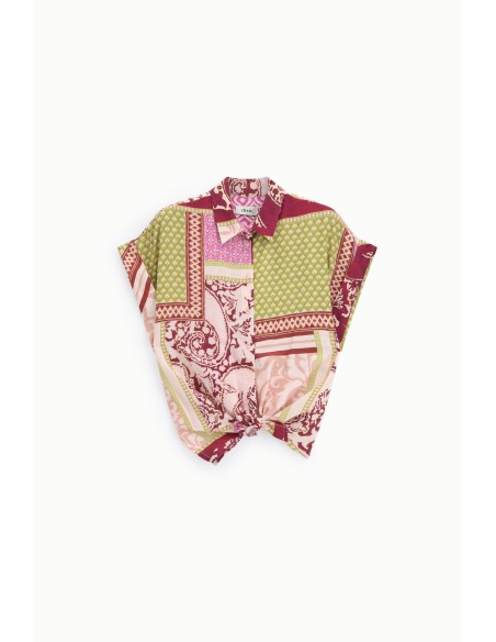 Camisa estampada patchwork com nó frontal Dixie