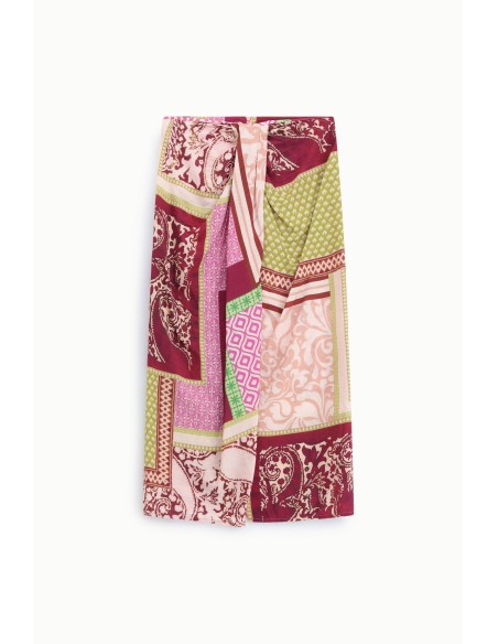 Saia Midi Estampa Patchwork com Drapeado Dixie