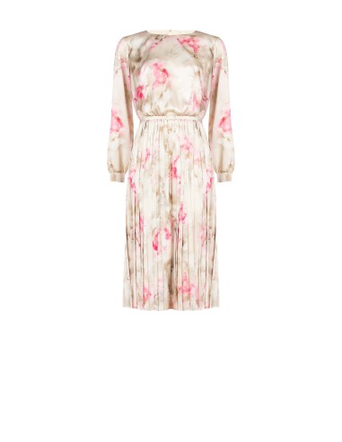 Vestido midi em cetim com flores em degradé, saia plissada e cinto coordenado Rinascimento
