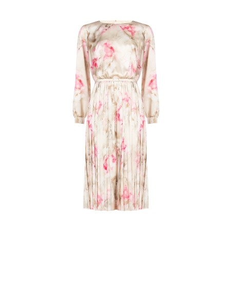 Vestido midi em cetim com flores em degradé, saia plissada e cinto coordenado Rinascimento