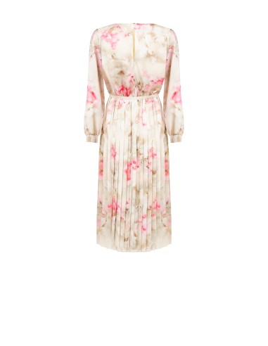 Vestido midi em cetim com flores esbatidas, saia plissada e cinto coordenado Rinascimento