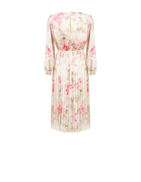 Vestido midi em cetim com flores esbatidas, saia plissada e cinto coordenado Rinascimento