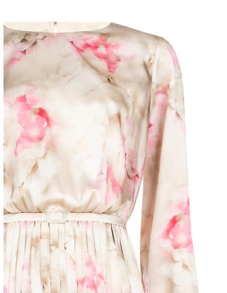 Vestido Midi Em Cetim Com Flores Em Degradé, Saia Plissada E Cinto Coordenado Rinascimento
