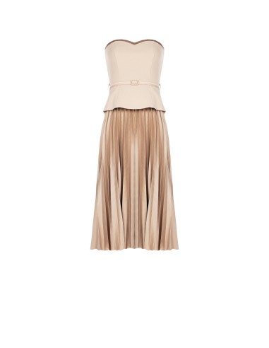 Vestido midi rodado plissado em cetim efeito 2 peças com top em scuba crepe Rinascimento