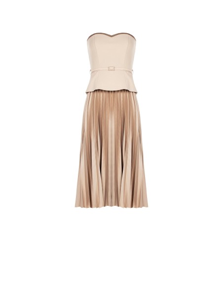 Vestido midi rodado plissado em cetim efeito 2 peças com top em scuba crepe Rinascimento