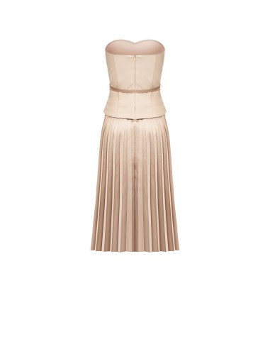 Vestido midi evasê plissado em cetim efeito 2 peças com top em scuba crepe Rinascimento