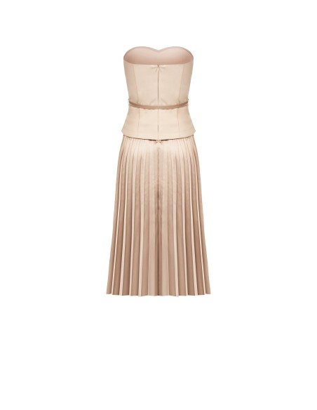 Vestido midi evasê plissado em cetim efeito 2 peças com top em scuba crepe Rinascimento
