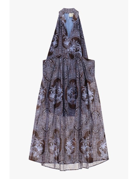Vestido longo estampado paisley, corte amplo, gola com laço Dixie
