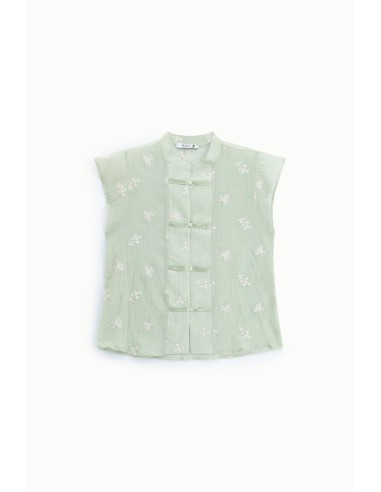 Camisa sem mangas com flores bordadas e fecho frontal Please
