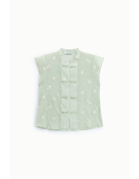 Camisa sem mangas com flores bordadas e fecho frontal Please