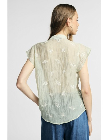 Blusa sem mangas com flores bordadas e fecho frontal Please